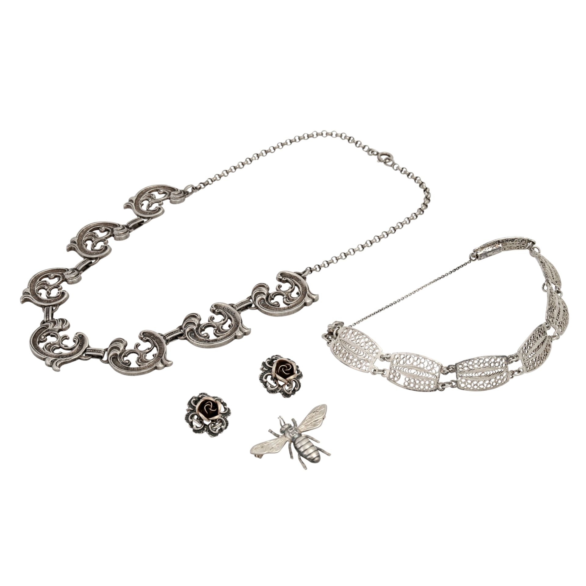 Konvolut Silberschmuck,best. aus Kette, Armband, Ohrclips und Bienenbrosche, Silber 80