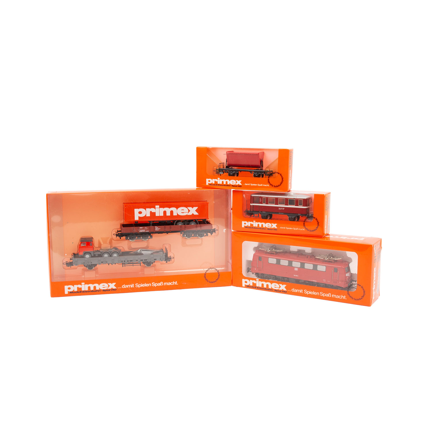 PRIMEX 4-tlg Konvolut Lokomotive und Wagen, Spur H0,bestehend aus E-Lok 3186 der DB, r