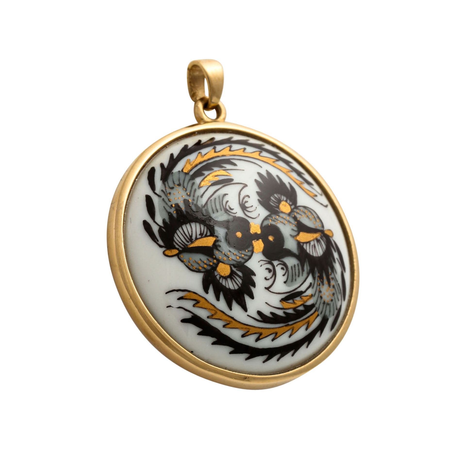 MEISSEN Anhänger, "Hoo Hähne"aus dem Dekor "Reicher Drache in Schwarz/ Gold." Fassun - Image 2 of 4