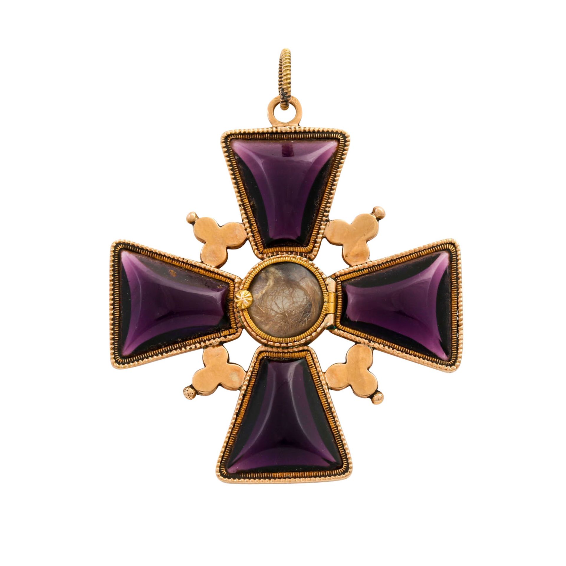 Kreuzanhänger mit Echthaareinlage,kleinen Halbperlen und violetten Glassteinen, D: ca