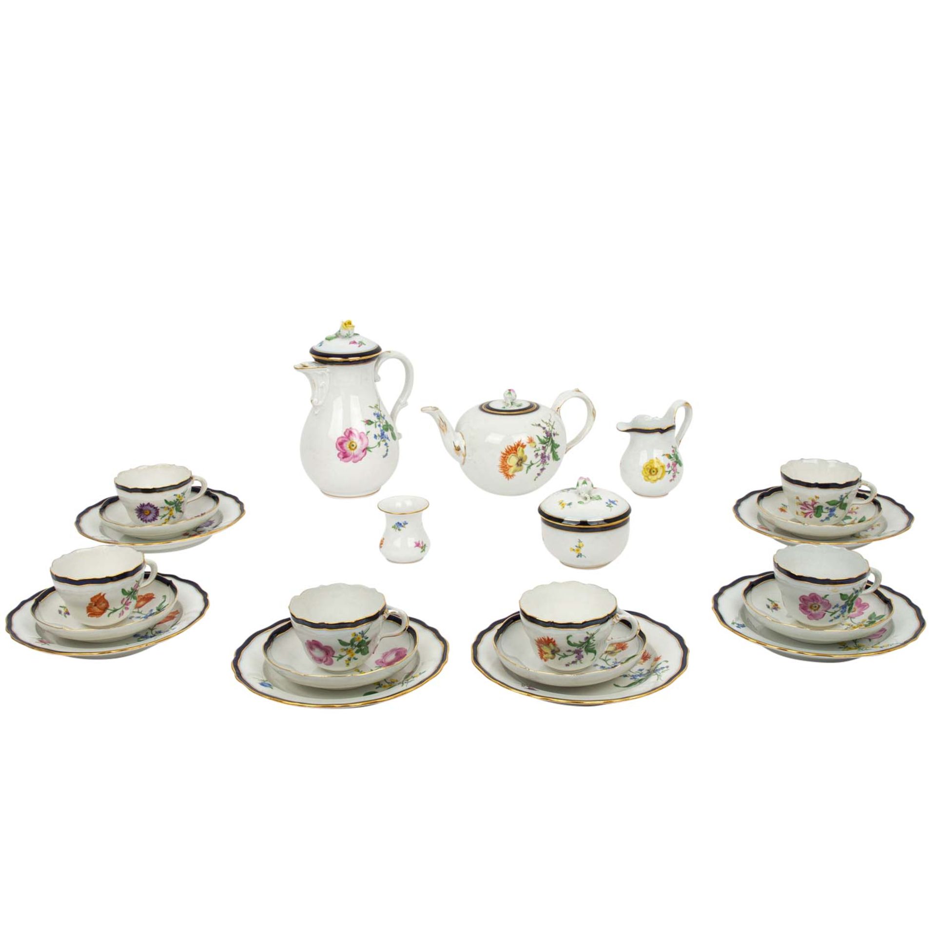 MEISSEN Kaffeeservice f. 6 Personen 'Deutsche Blume Kobaltrand', 1. Wahl, 20. Jhd. 6 K