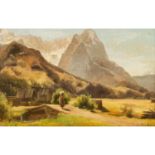 HÖFER, HEINRICH (1825-1878), "Sennerin vor Hütten im Wettersteingebirge mit Blick auf die Zugs
