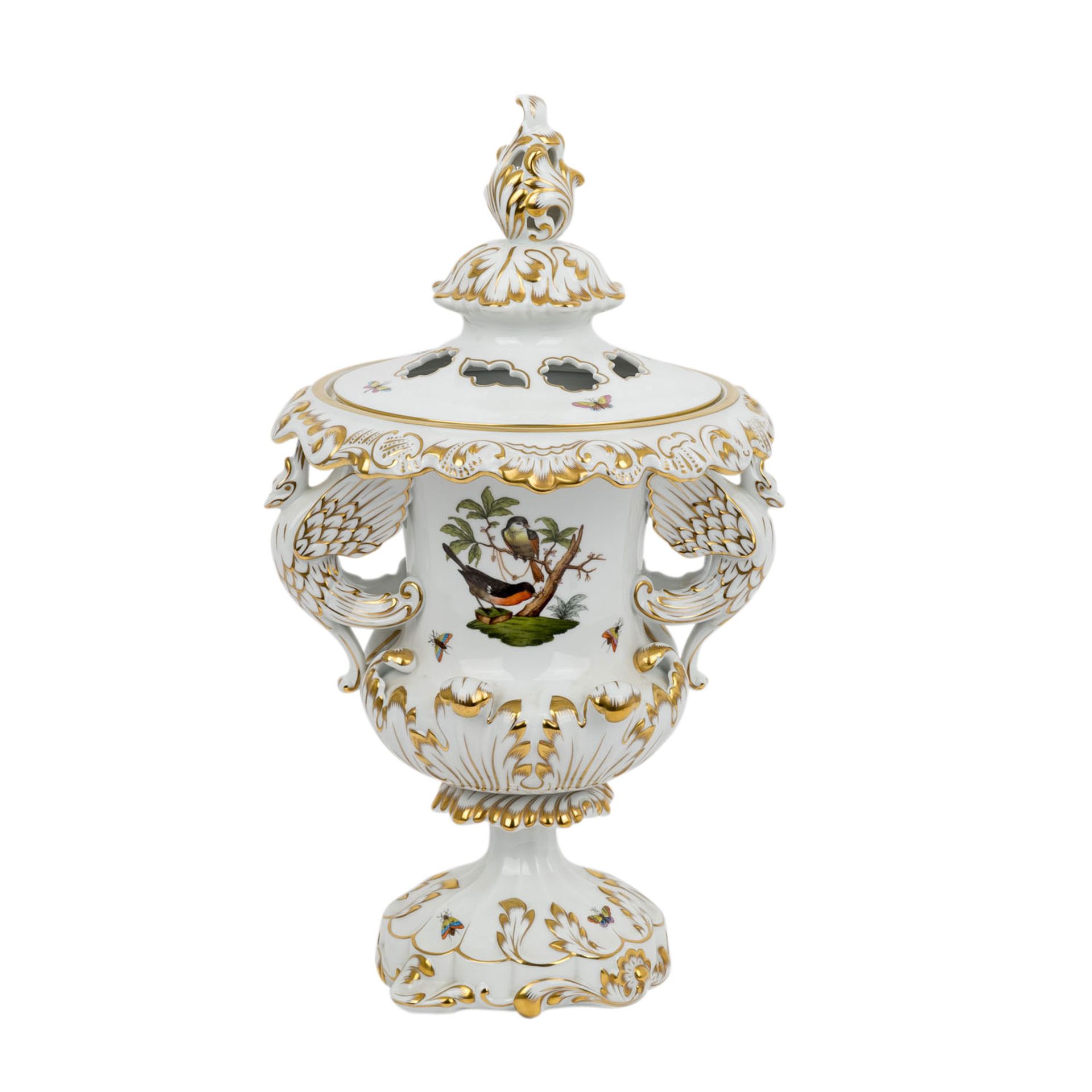 HEREND große Deckelvase 'Rothschild', 20. Jh. Vase in Amphorenform, Handhaben in Form