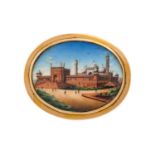 Brosche mit Darstellung der Jama Masjid (Delhi), sehr feine Miniaturmalerei auf Elfenb
