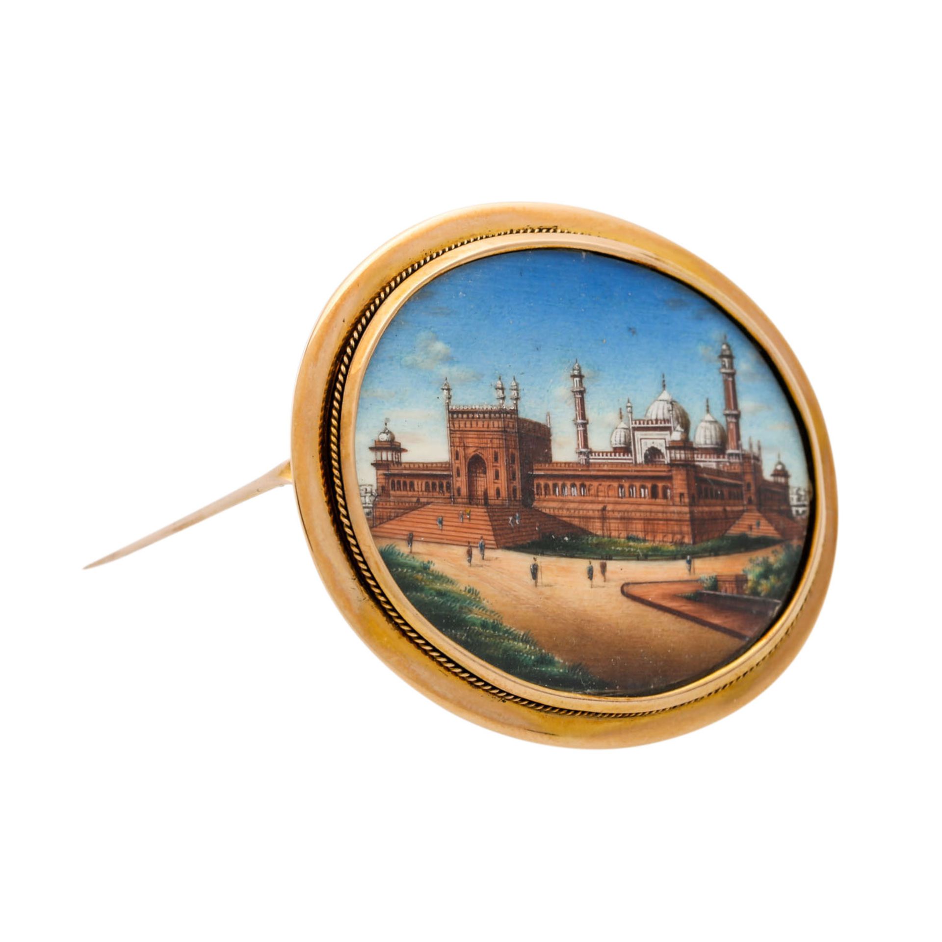 Brosche mit Darstellung der Jama Masjid (Delhi), sehr feine Miniaturmalerei auf Elfenb - Bild 2 aus 4