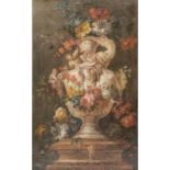 MALER des 17./18. Jh., "Blumenbouquet in Kratervase mit Maskarons", reich dekoriert au