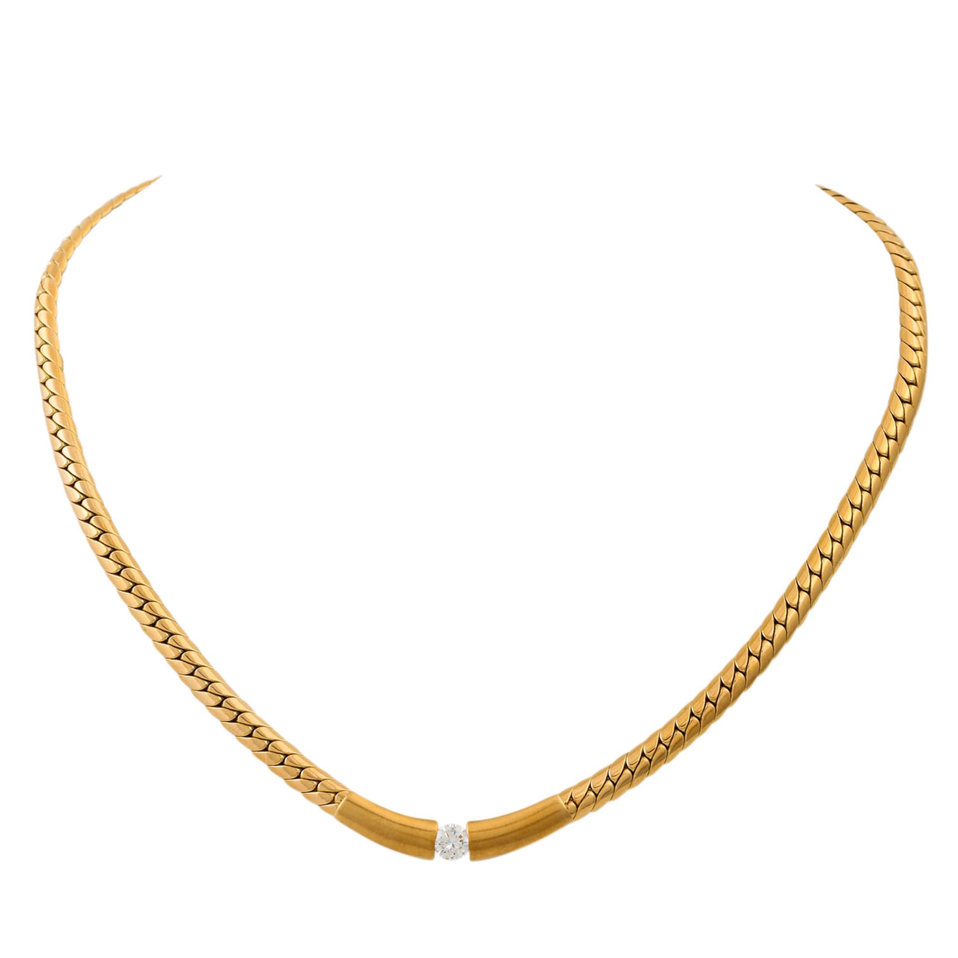 Collier mit Brillant von ca. 0,48 ct, ca. FW (G)/SI, GG 18K, 46,4 g, L: 43cm, Ende 20.