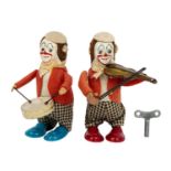 SCHUCO zwei Tanzfiguren "Clown mit Violine" und "Clown mit Trommel", 1945-1949, besteh