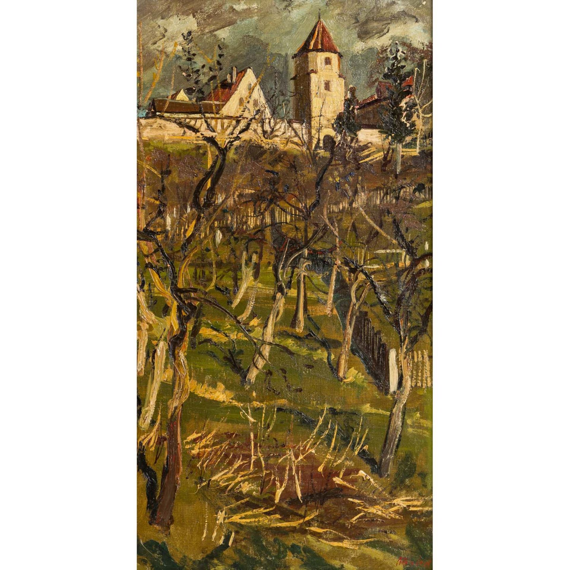 LEIDL, ANTON (1900-1976), "Schongau", Blick über Obstgärten auf Stadtmauer und Poliz