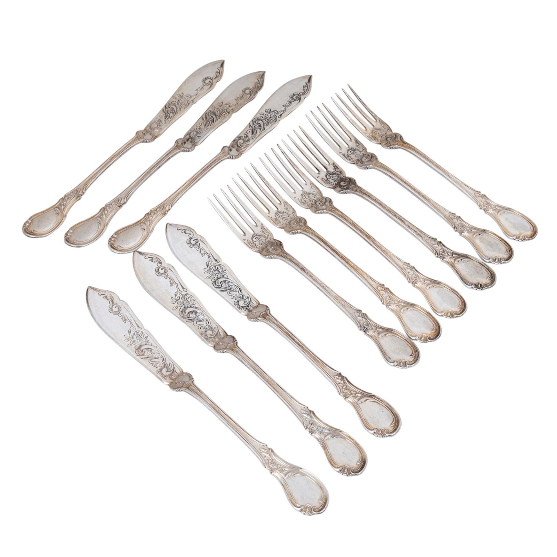 DEUTSCH Fischbesteck für 6 Personen, 20. Jh. 6 x Fischgabel/-messer, Griff mit feinem