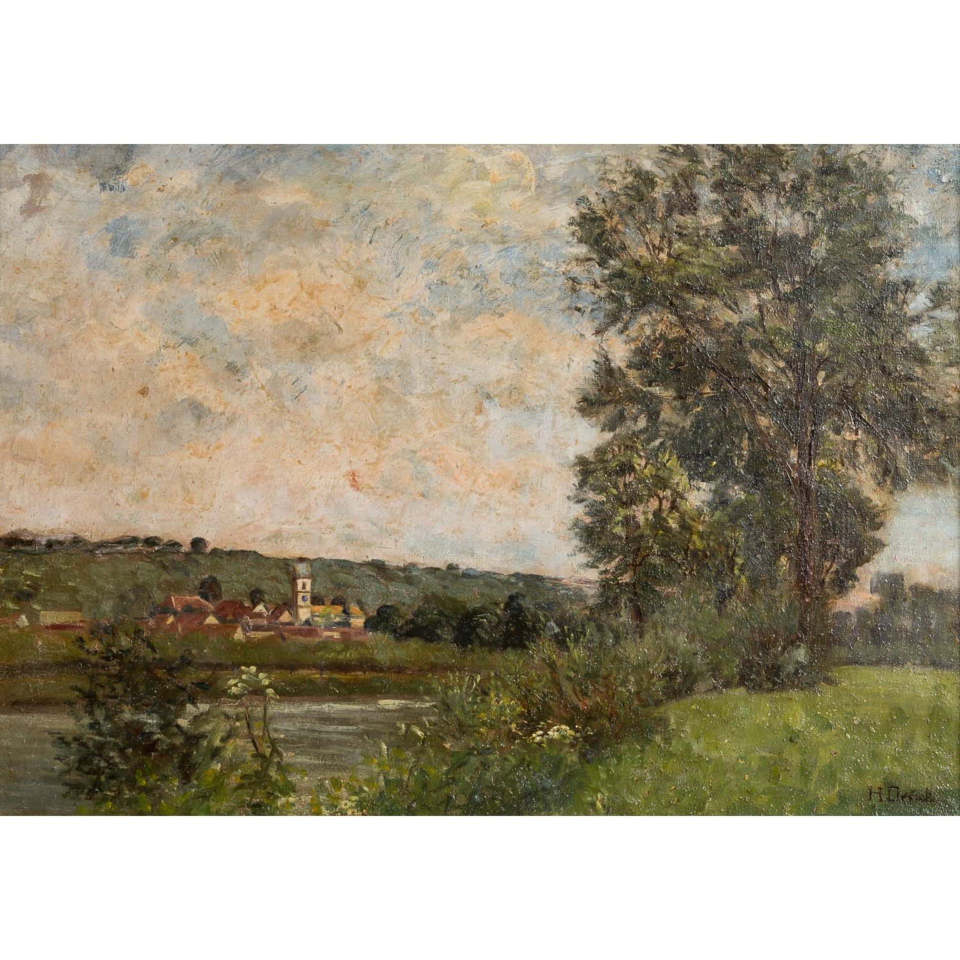DRÜCK, HERMANN (1856-1931), "Neckarlandschaft", mit Ort mit Kirche am Flussufer, u.re