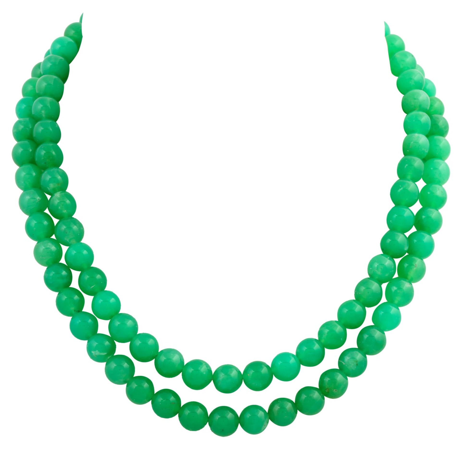 Chrysoprascollier 2-reihig, Kugeln von ca. 9 mm, Schließe WG 14K mit kleinem Smaragd,