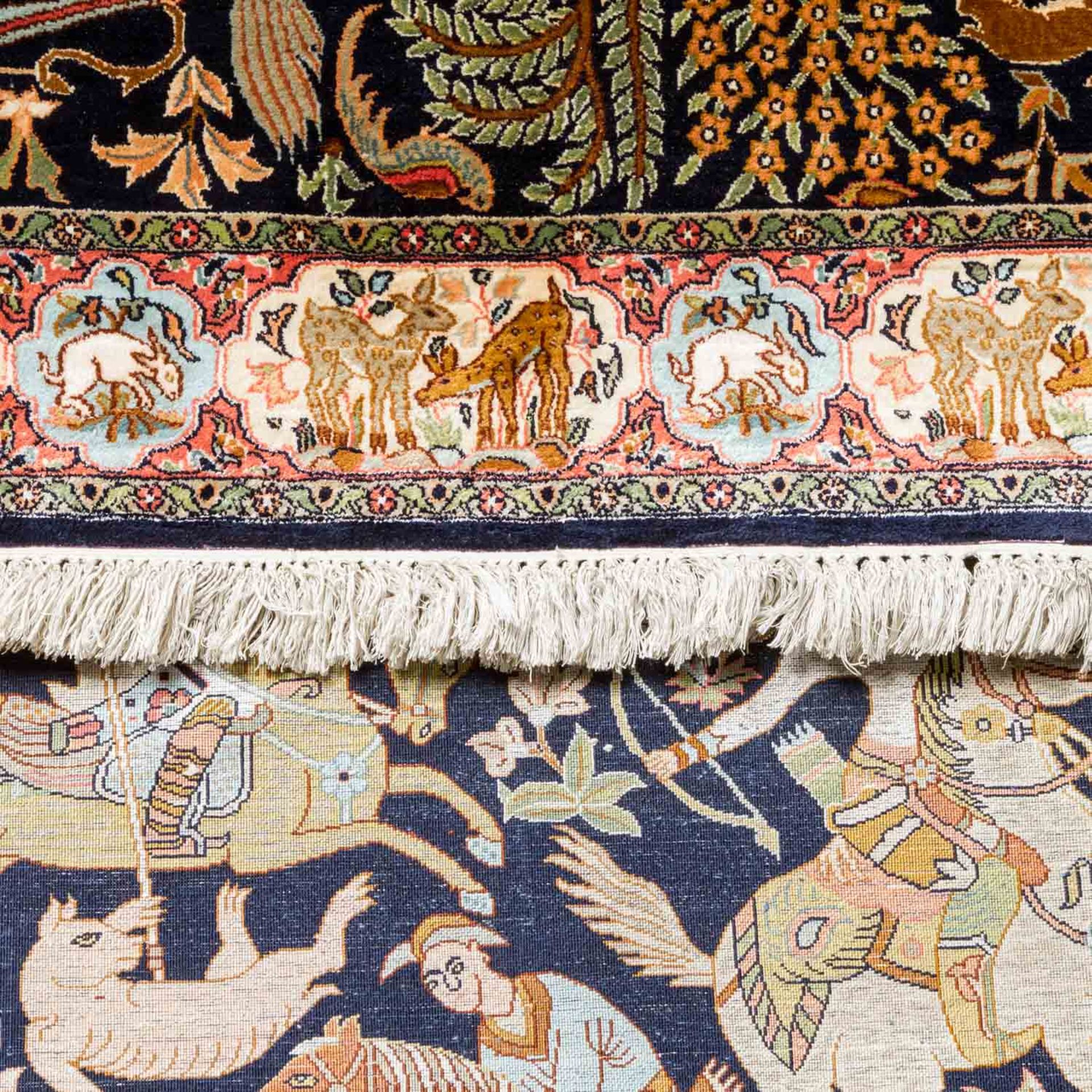 3 Orientteppiche aus Seide Kashmir Ghom, mit Jagdmotiven, 151x87 cm/mit Zypressenmotiv - Bild 5 aus 8