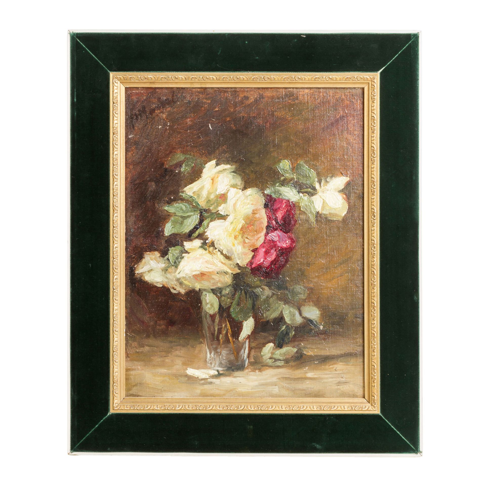 MANDEL, M. (?, undeutlich signiert, Maler/in 19./20. Jh.), "Stillleben mit Rosen in Glasvase",</ - Image 2 of 5