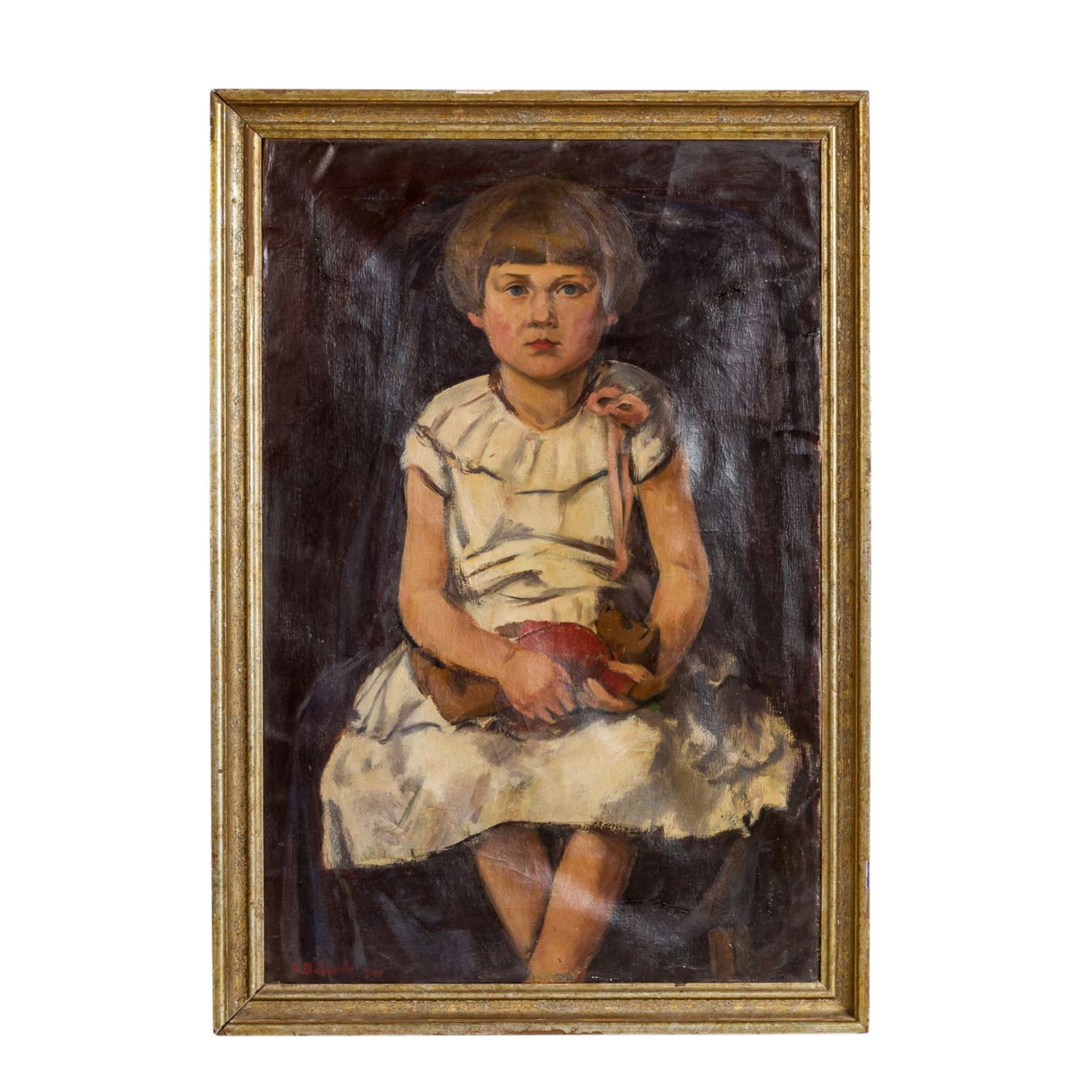 BÄUERLE, HERMANN (1886-1972), "Mädchen in weißem Kleid mit Teddybär", Portrait auf - Image 2 of 4