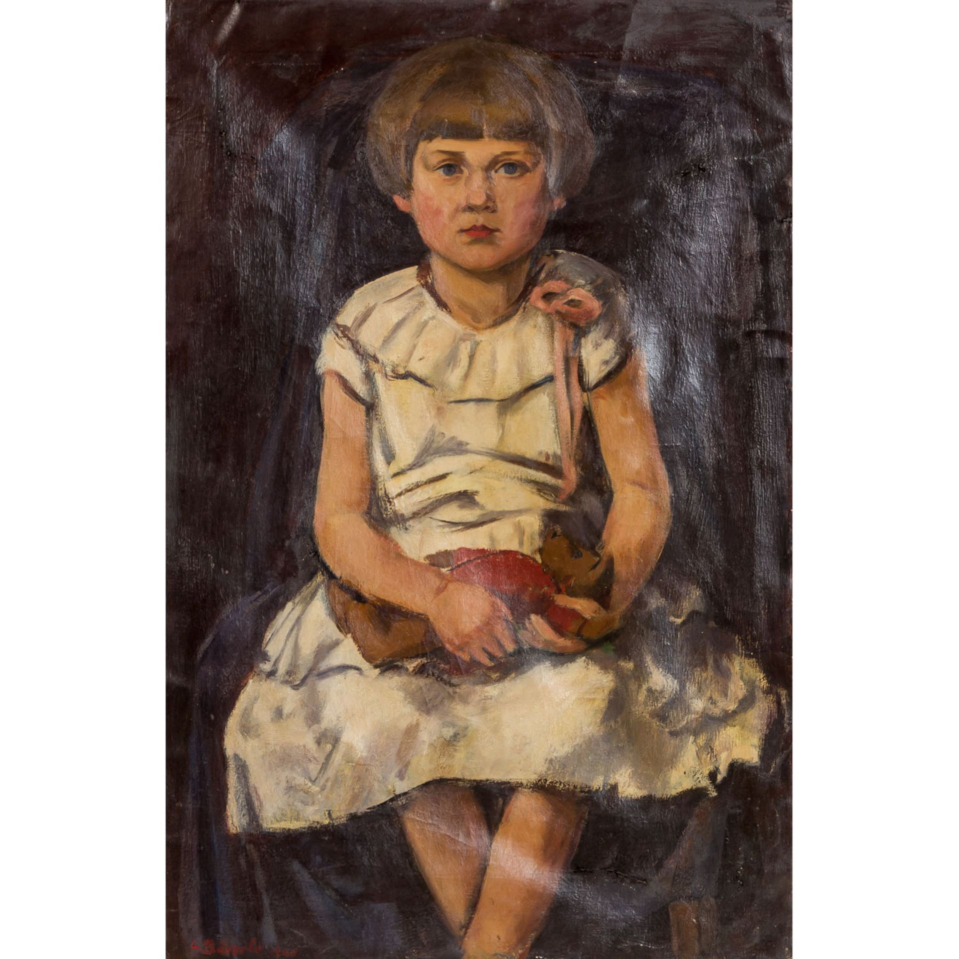 BÄUERLE, HERMANN (1886-1972), "Mädchen in weißem Kleid mit Teddybär", Portrait auf