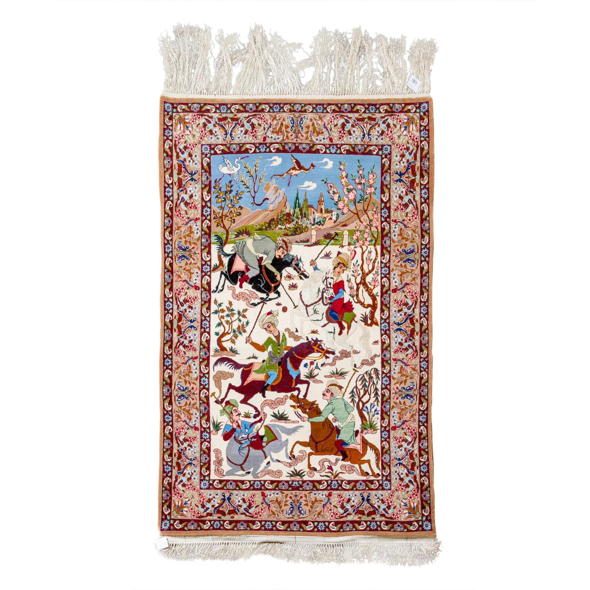 Orientteppich mit Seide. GHOM/PERSIEN, 20. Jh., 163x104 cm. Bildteppich mit der Darste