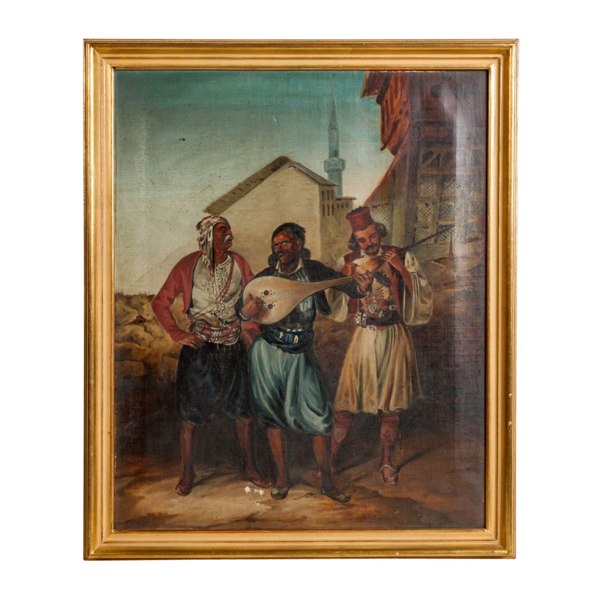 MALER/IN 19. Jh., "Drei orientalische Musiker vor der Stadt", im Hintergrund Minarett, - Image 2 of 4