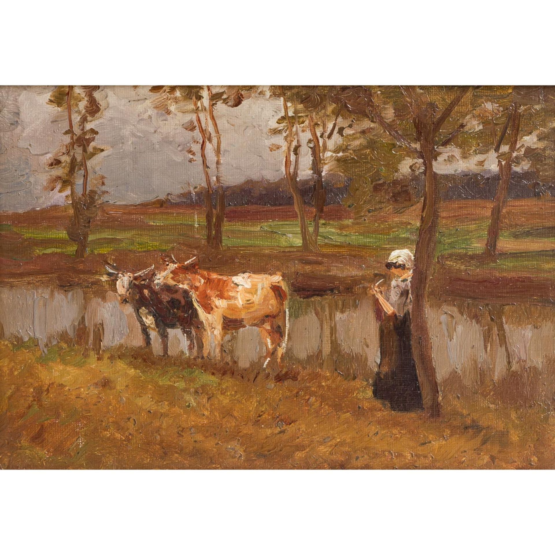 JUNGHANNS, Julius Paul, ATTRIBUIERT (1876-1958), "Hirtin mit zwei Kälbern am Flussufer", <b