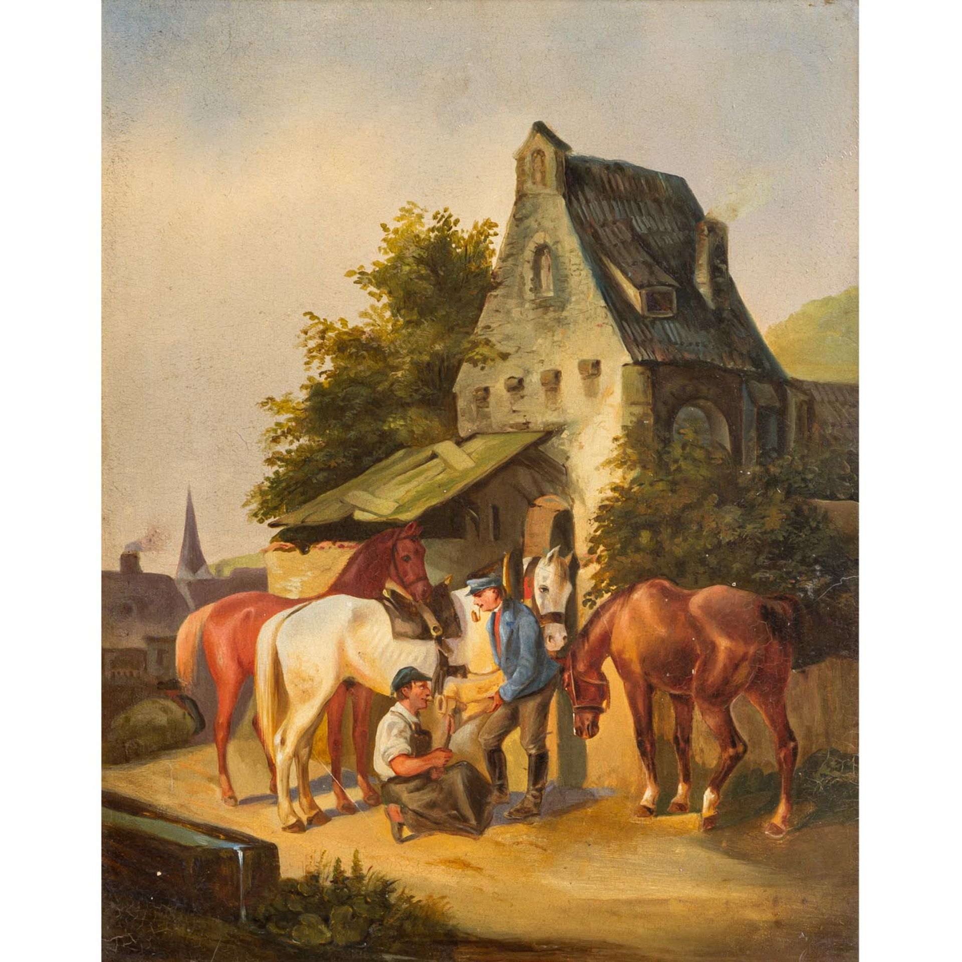 MALER/IN 19. Jh., "Beim Hufschmied", Szene vor der Schmiede, im Hintergrund Kirchturm,