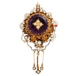 Historismus Anhänger/Brosche, Gold 18K, 12 gr, violettes Glas, Halbperlen, L: ca. 6 c