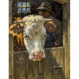 DEMETZ, KARL (1909-1986) „Kuh im Stall“ Öl auf Hartfaserplatte, signiert unten li