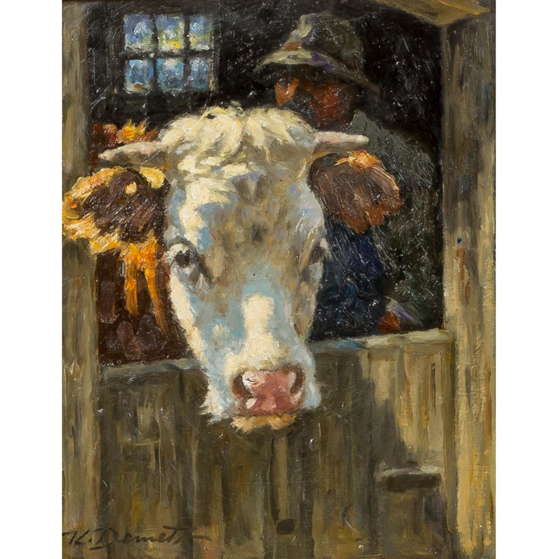 DEMETZ, KARL (1909-1986) „Kuh im Stall“ Öl auf Hartfaserplatte, signiert unten li