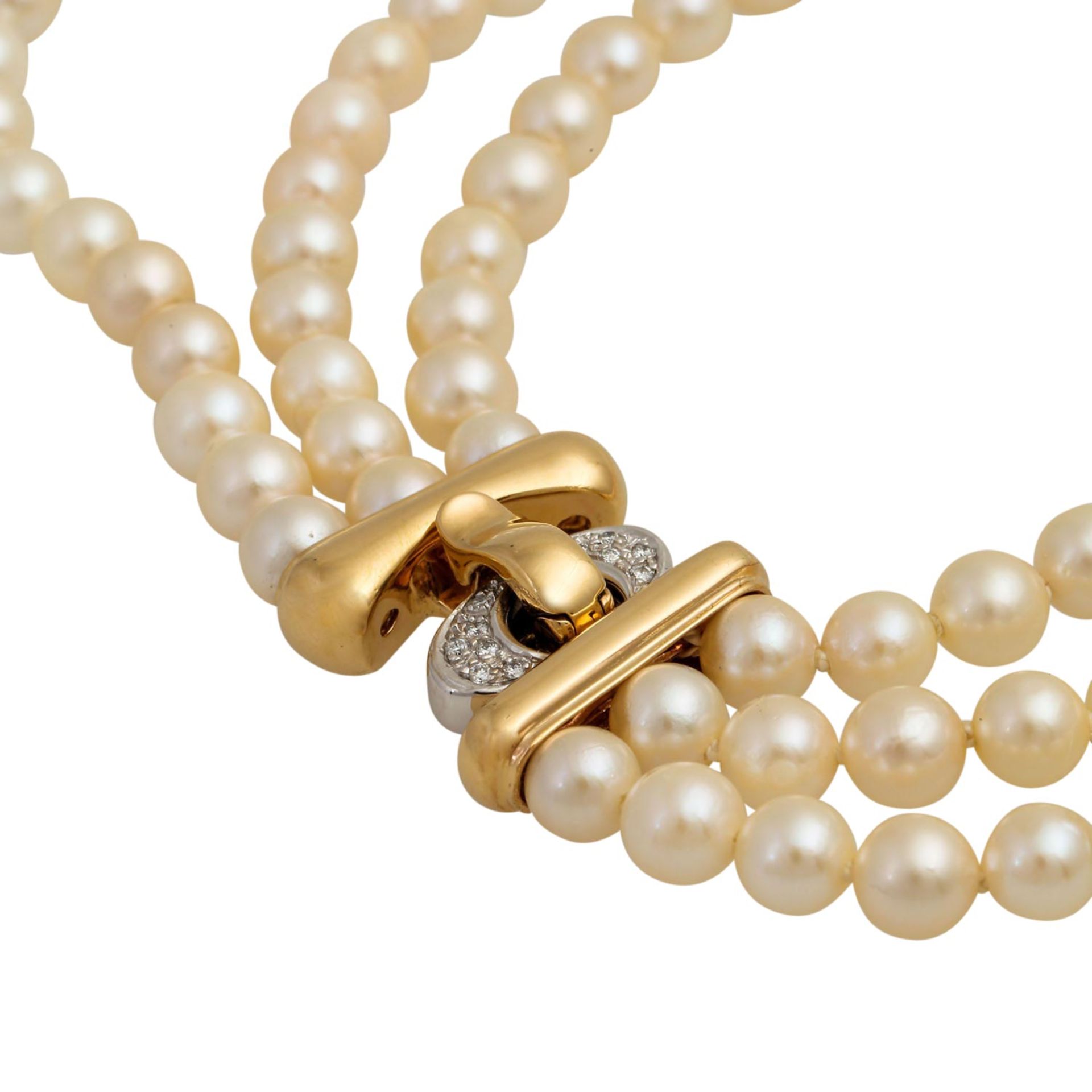 3-reihiges Perlencollier, Akoyaperlen ca. 5,8-6 mm (neu aufgezogen), 75,6 gr, Schließ - Bild 4 aus 4