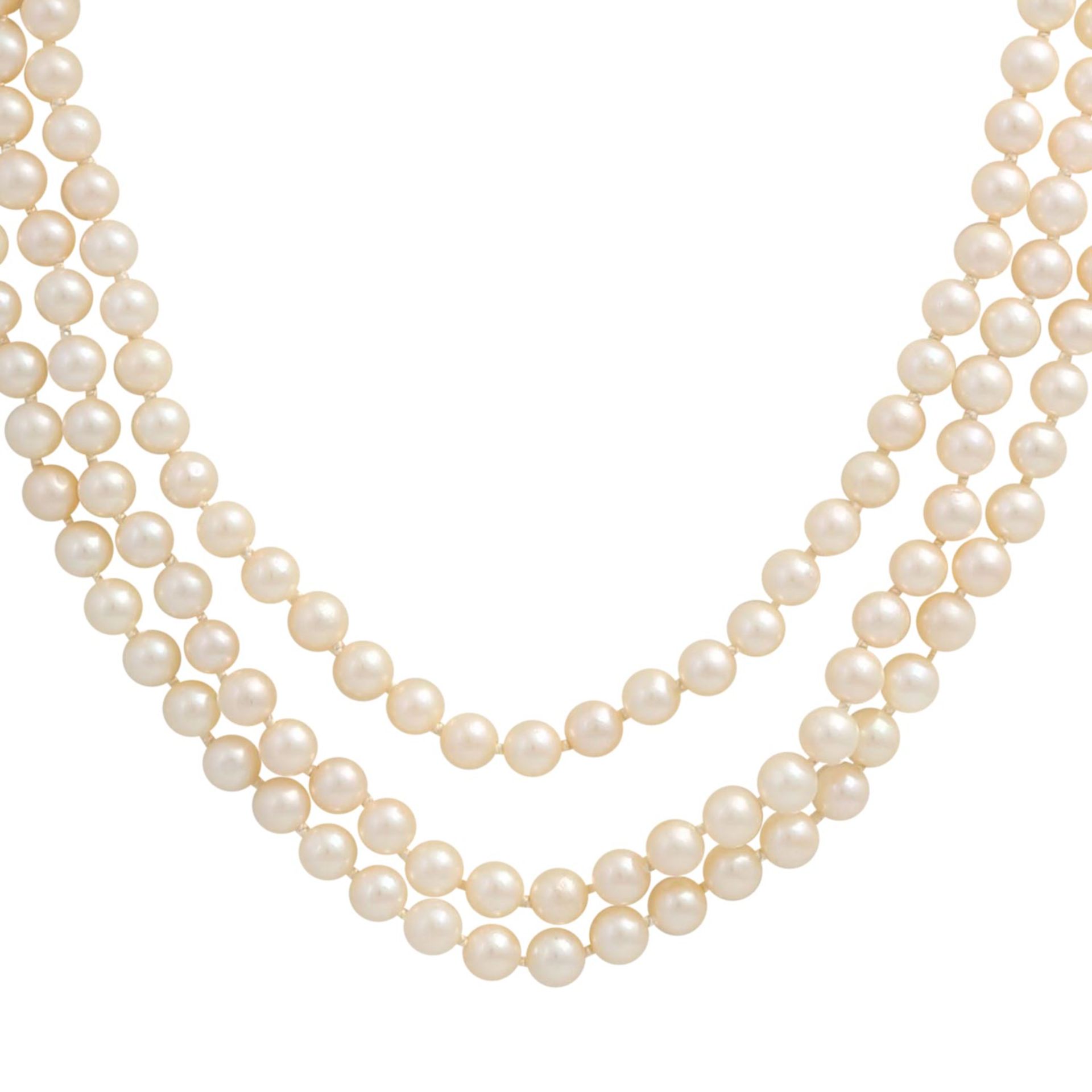 3-reihiges Perlencollier, Akoyaperlen ca. 5,8-6 mm (neu aufgezogen), 75,6 gr, Schließ - Bild 2 aus 4