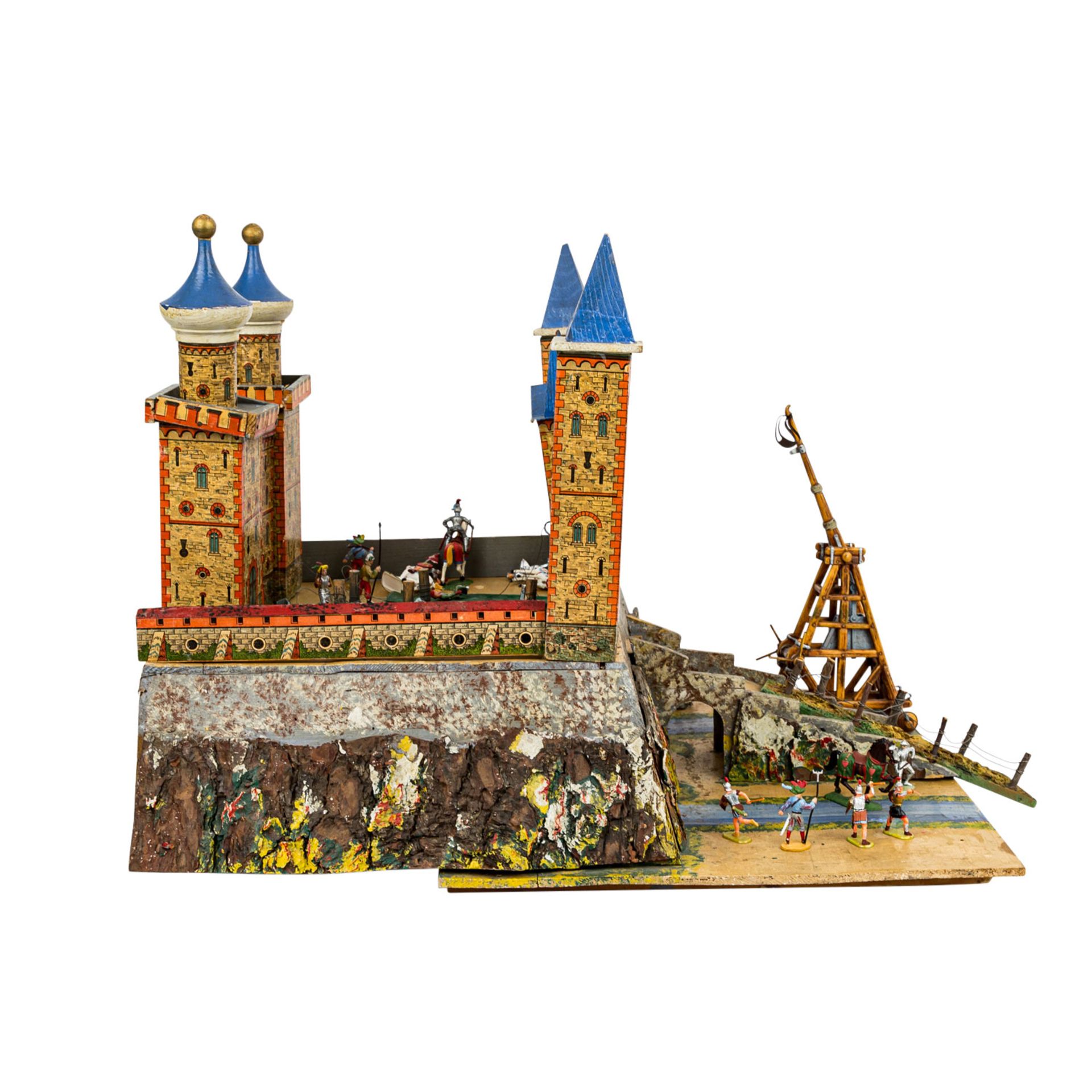 Ritterburg mit ELASTOLIN-Figuren, Holzausführung mit Aufgang, Innenhof, Türme, Stein - Bild 4 aus 5