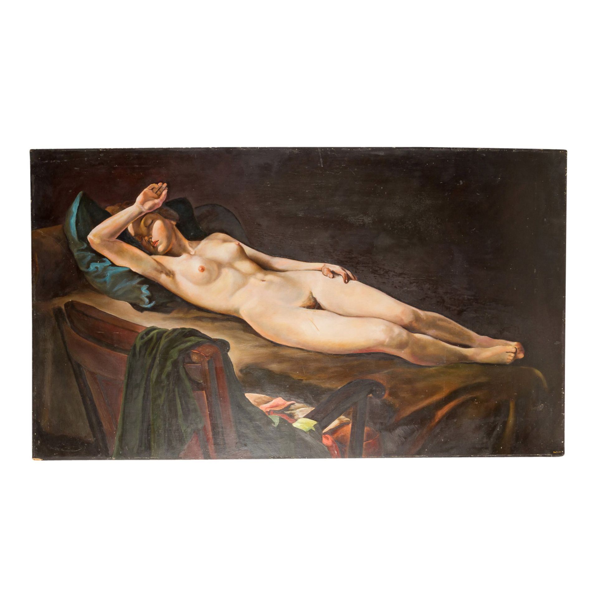 MALER/IN 20. Jh., "Liegender weiblicher Akt", wohl nach Tamara de Lempicka, u.re. unde - Bild 2 aus 4