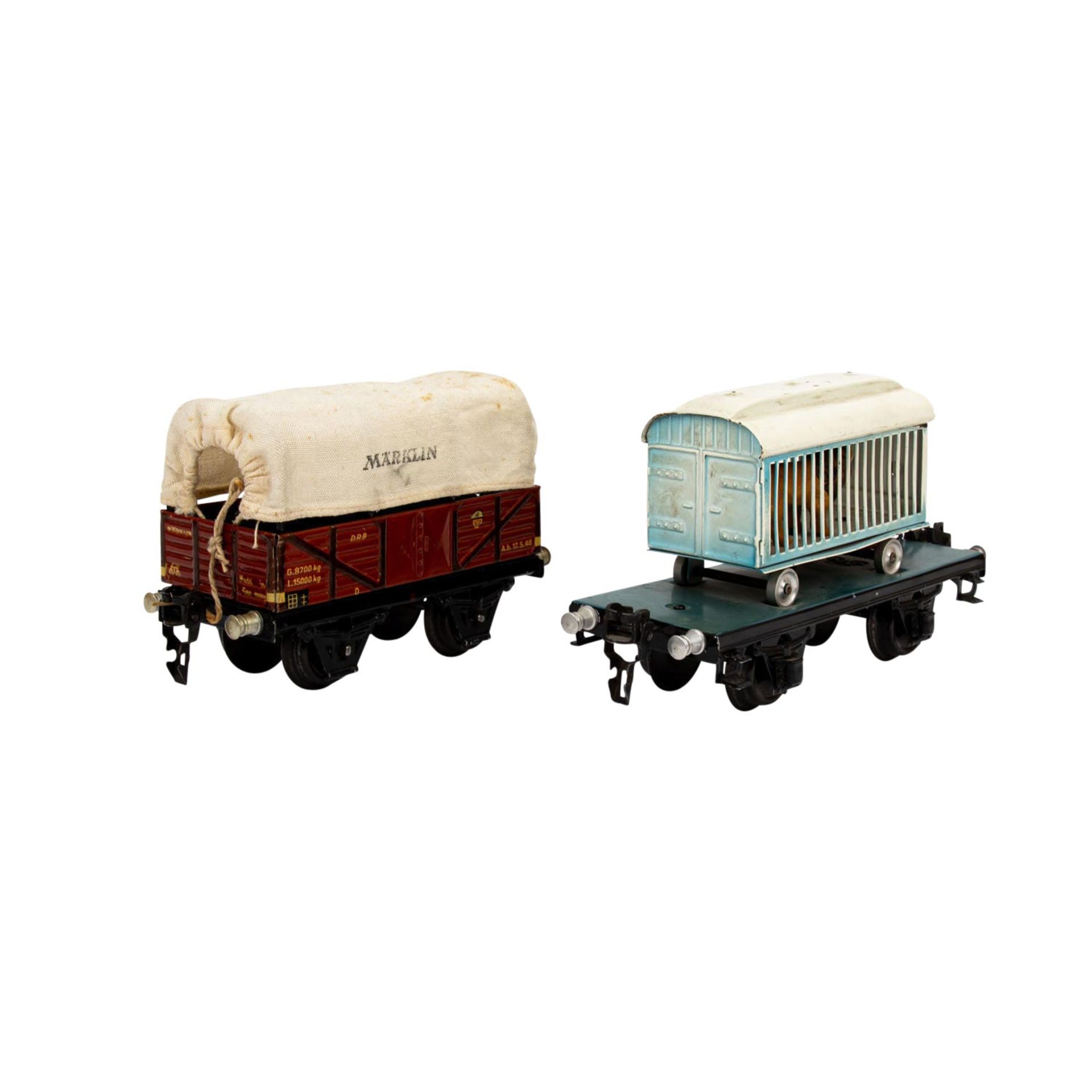 MÄRKLIN zwei Güterwagen, Spur 0, 1930er Jahre, bestehend aus Plattformwagen blau/sch - Bild 4 aus 7