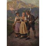 RAU, EMIL (1858-1937) "Jäger mit zwei Damen in Tracht auf Weg" Öl auf Leinwand, sign