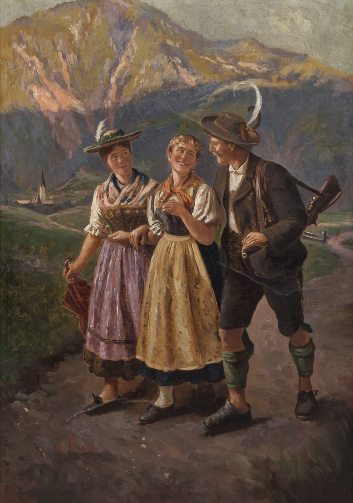 RAU, EMIL (1858-1937) "Jäger mit zwei Damen in Tracht auf Weg" Öl auf Leinwand, sign
