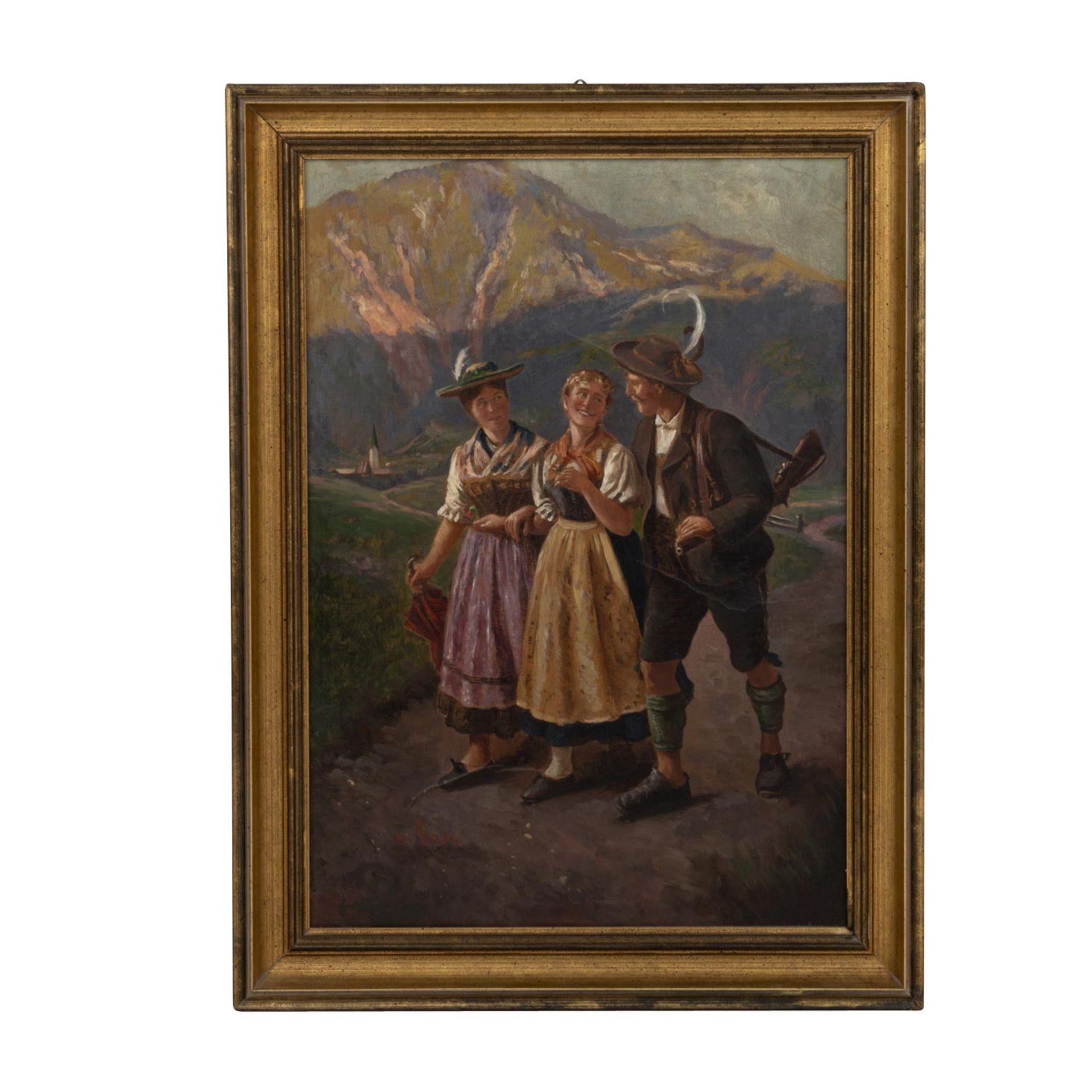 RAU, EMIL (1858-1937) "Jäger mit zwei Damen in Tracht auf Weg" Öl auf Leinwand, sign - Bild 2 aus 4