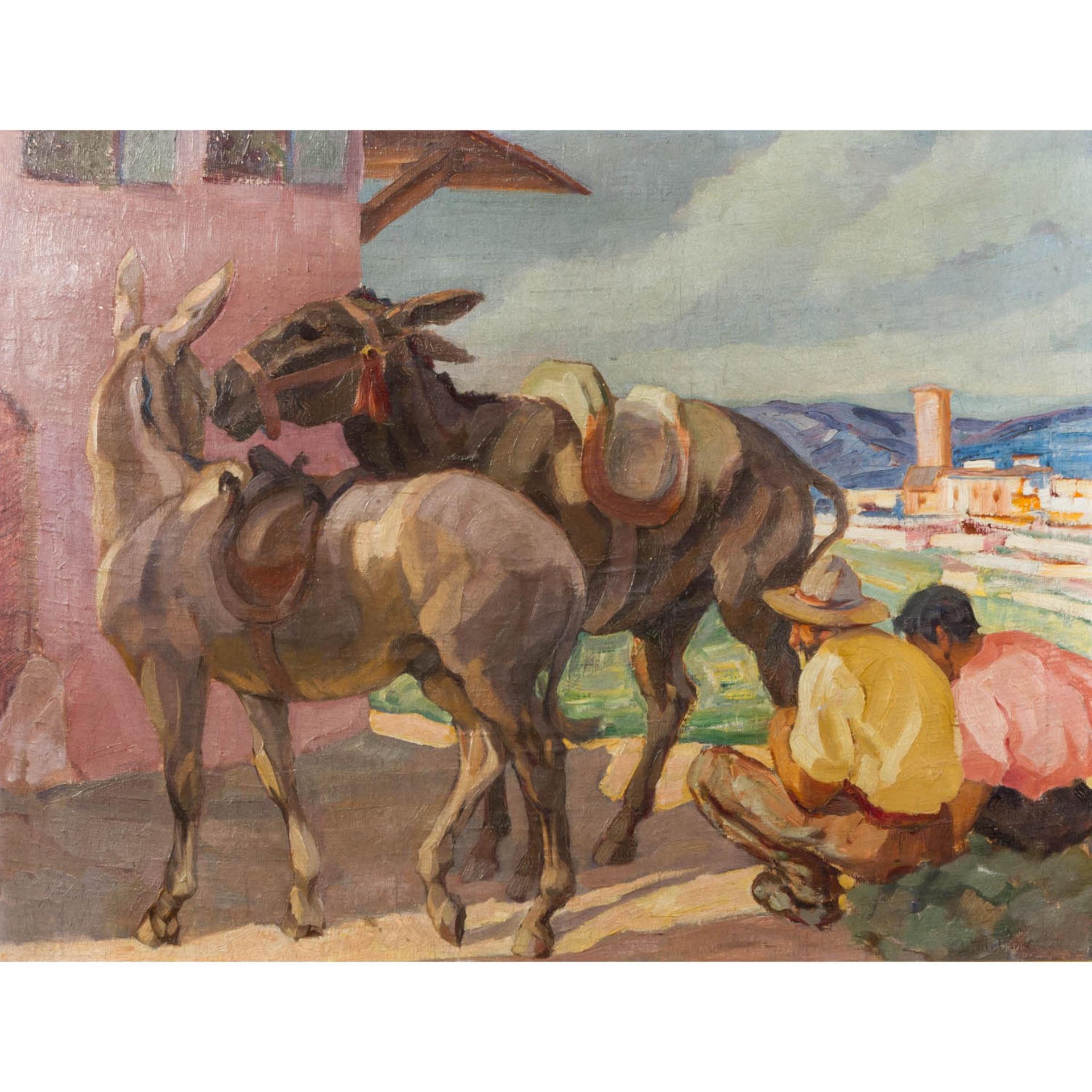 Wedel?, wohl WEDEL-KÜCKENTHAL, EDITH (1893-1968), "Zwei Bauern mit Eseln vor dem Haus", <br