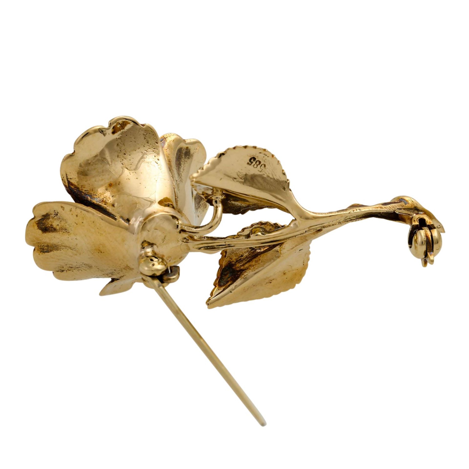 Blumenbrosche mit Akoyaperle, Zuchtperle ca. 6,7 mm, GG 14K, 6,1 gr, Länge ca. 4 cm, - Bild 3 aus 4
