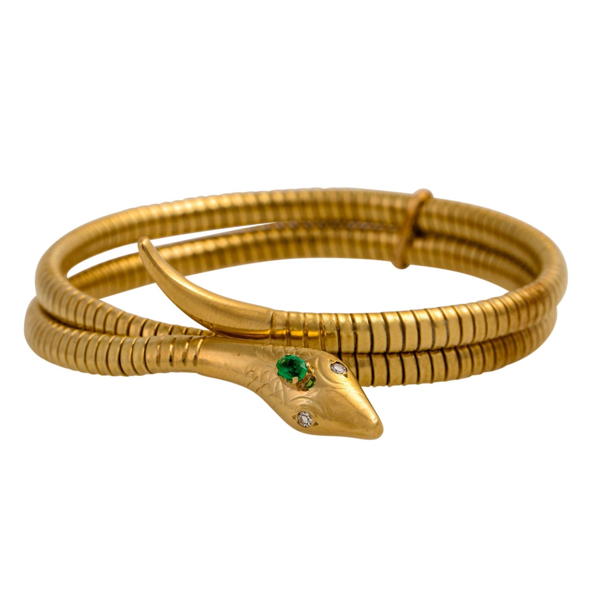 Armreif "Schlange" mit grünem Imitationsstein sowie 2 Diamanten von zus. ca. 0.04 ct,