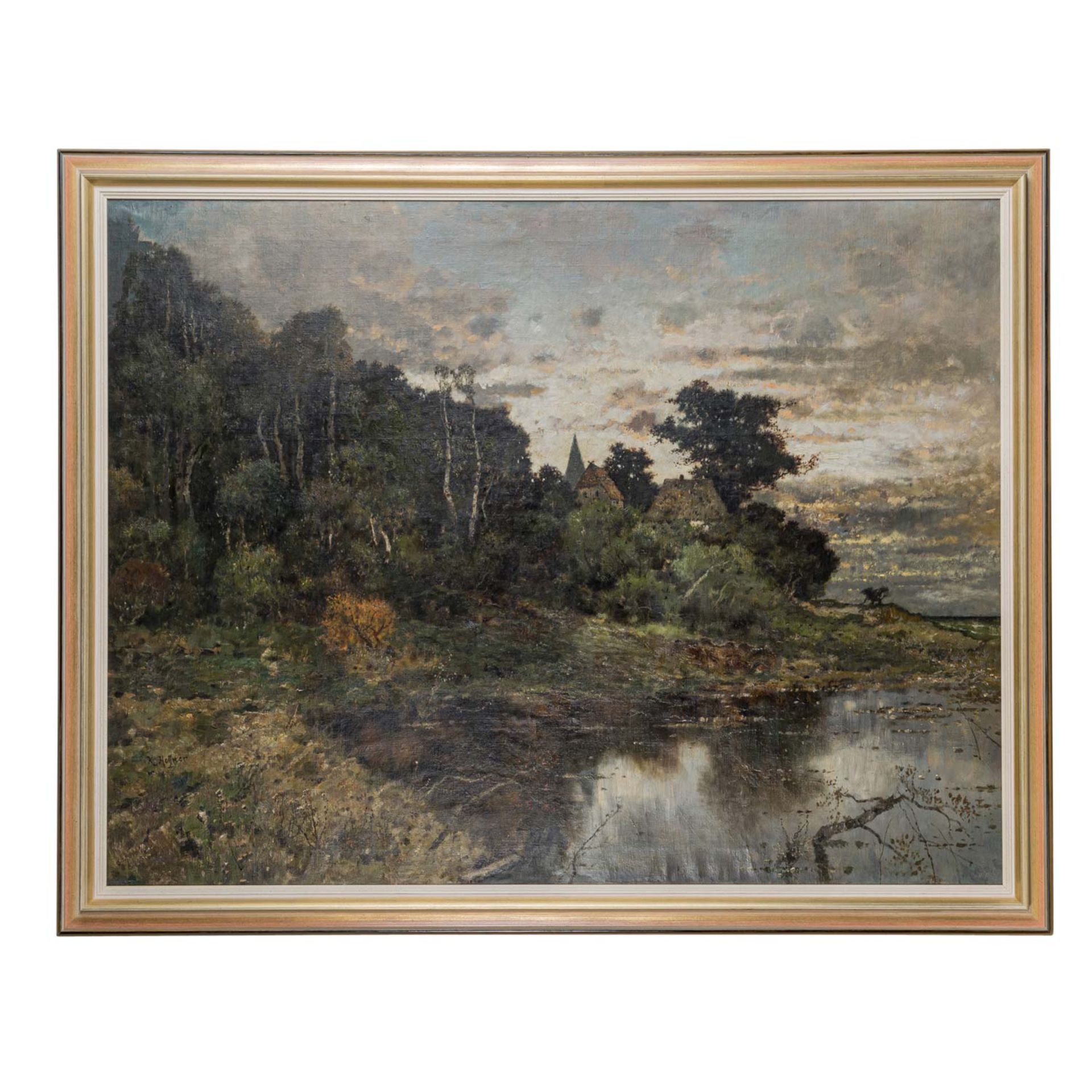 HEFFNER, KARL (auch Carl, 1849-1925), "Uferpartie mit Häusern am Waldrand", - Image 2 of 4