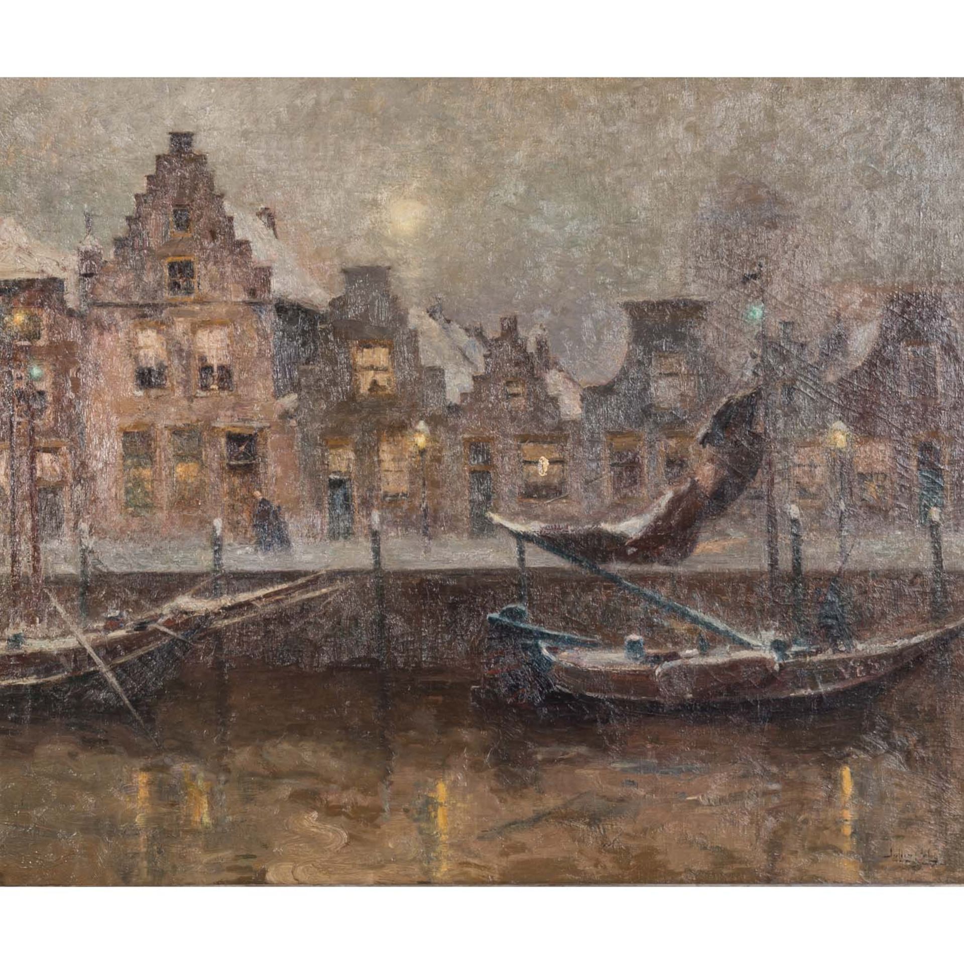 CÉLOS, JULIEN (1884-1953) "Boote in einem nebligen Flusshafen"