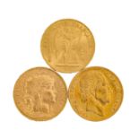 Frankreich - 3 x 20 Francs, GOLD,1865, 1875/A, 1907, ca. 17,4 Gramm fein, ss oder etwa