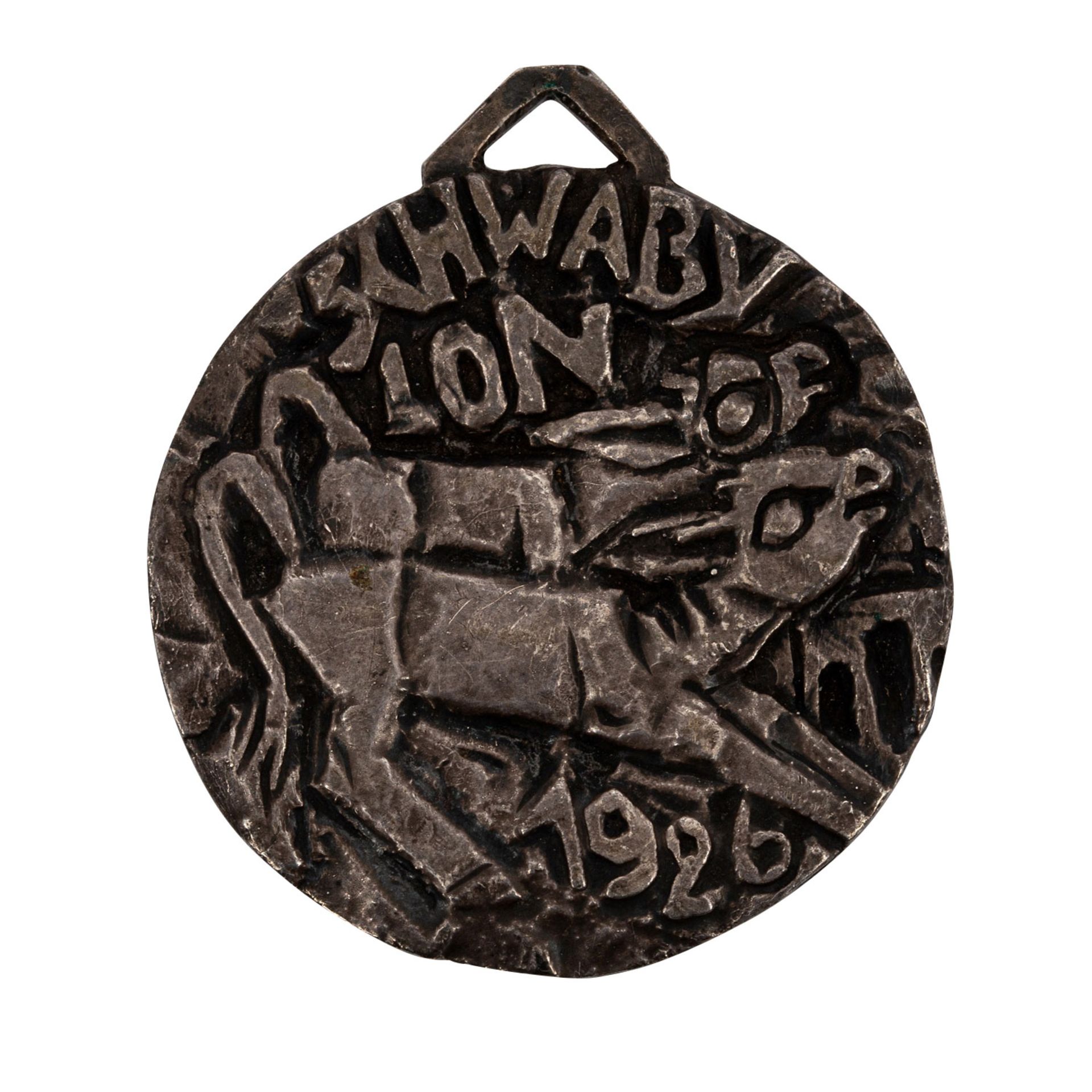 Seltenes Faschingsabzeichen 1926 für das Schwabylon Künstlerfest. Rv. Herstellermark