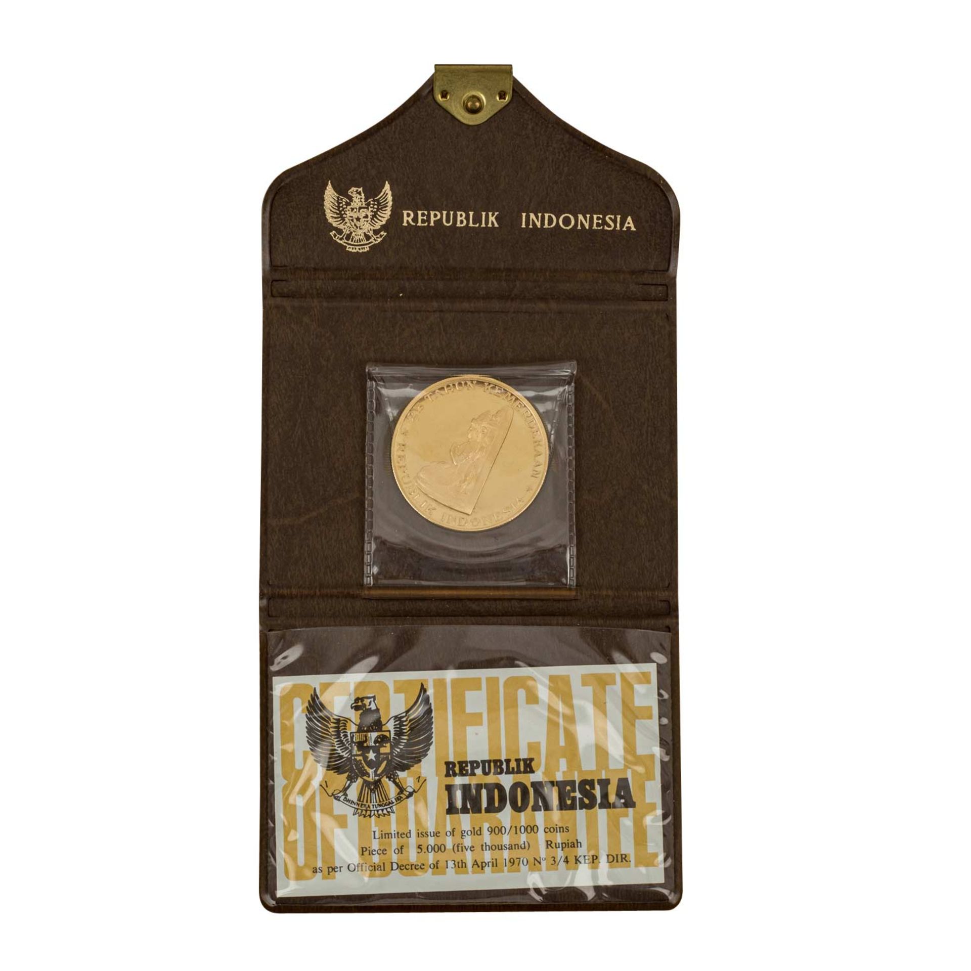 Selten! Indonesien/GOLD - 5000 Rupien 1970, 25 Tahun Kemerdekaan, ca. 10,9 g fein, PP,