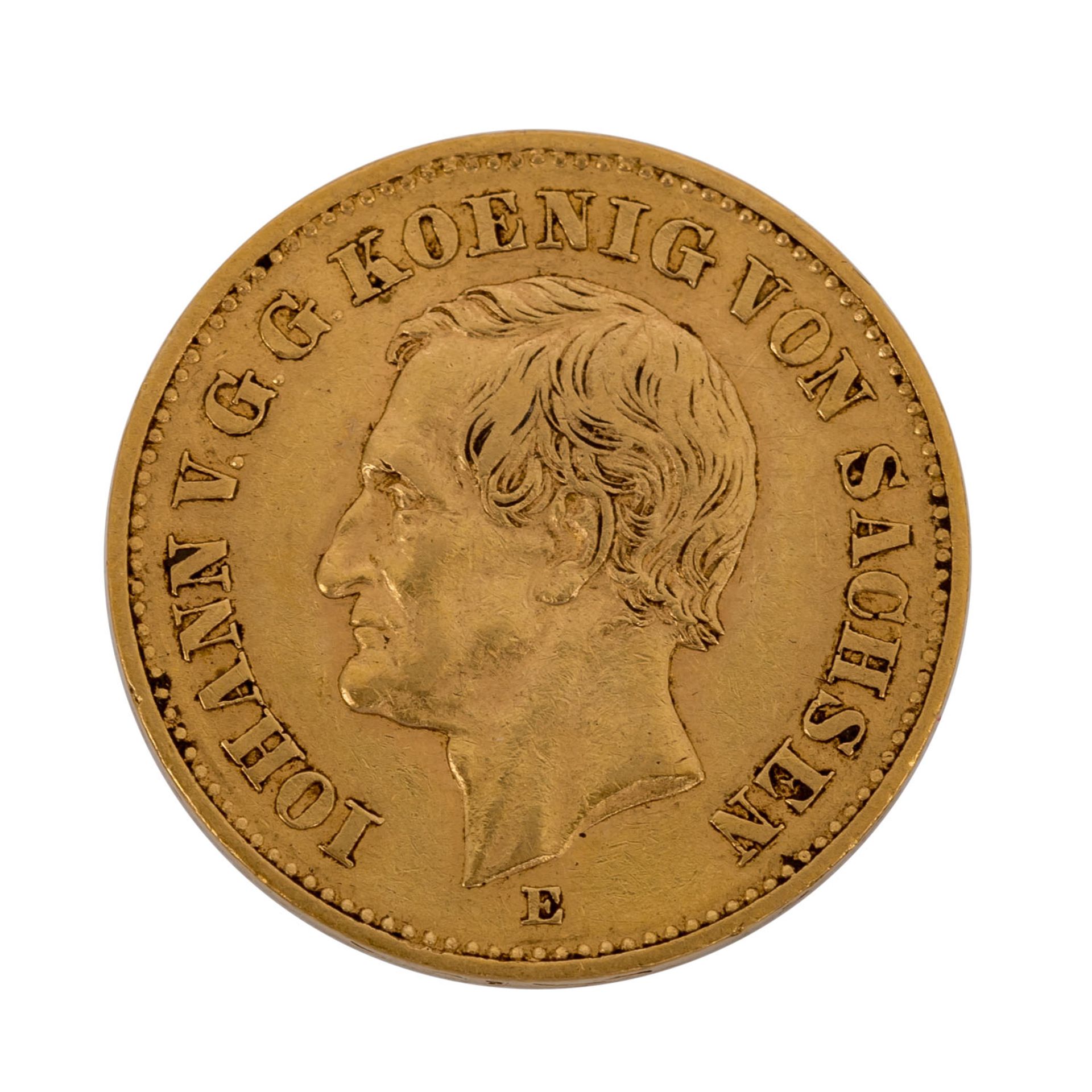 Sachsen/GOLD - 20 Mark 1873 E Johann, ca. 7,16 g fein, ss, etwas fleckig | Sa