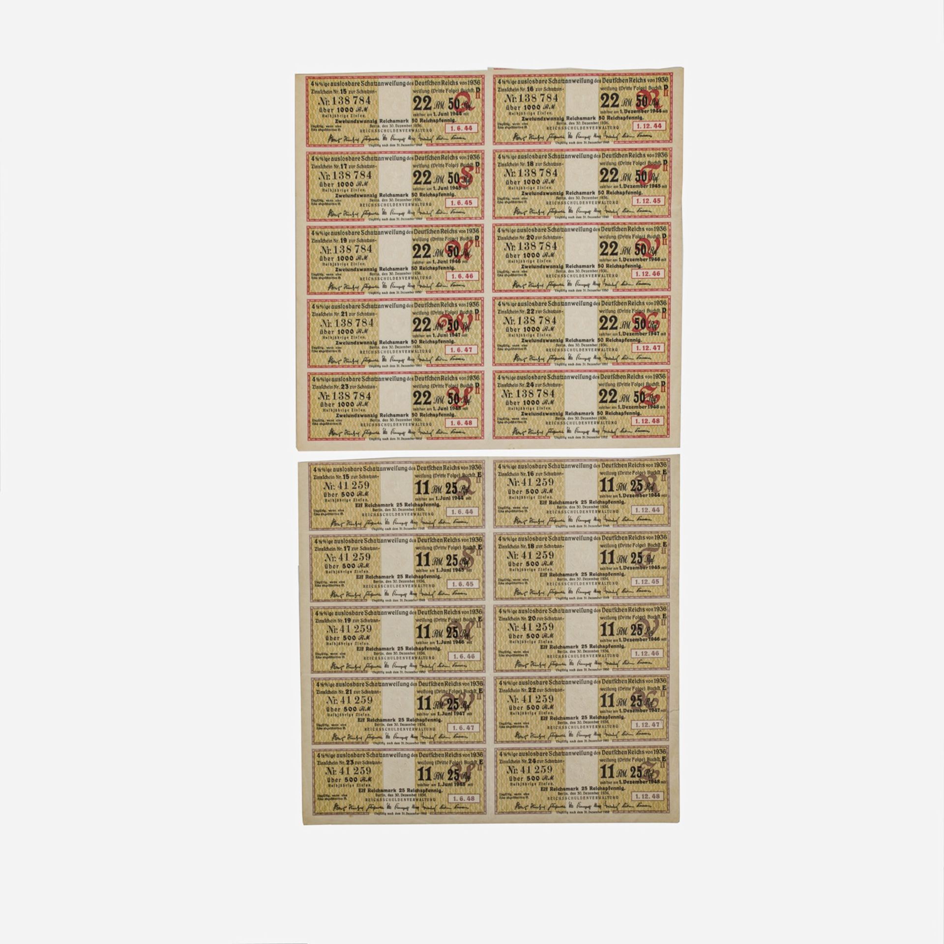 Dt. Reich Konvolut Wertscheine und Banknoten beinhaltet u.a. 500 Reichsmark Reichsschu - Bild 5 aus 5