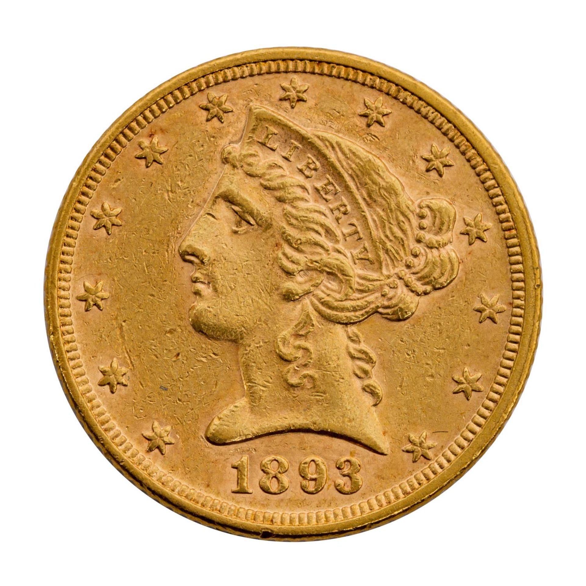 USA - 5 Dollar 1893 ohne Münzzeichen, GOLD, sogenannter Half Eagle, ca. 7,5 Gramm fei