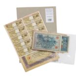 Dt. Reich Konvolut Wertscheine und Banknoten beinhaltet u.a. 500 Reichsmark Reichsschu