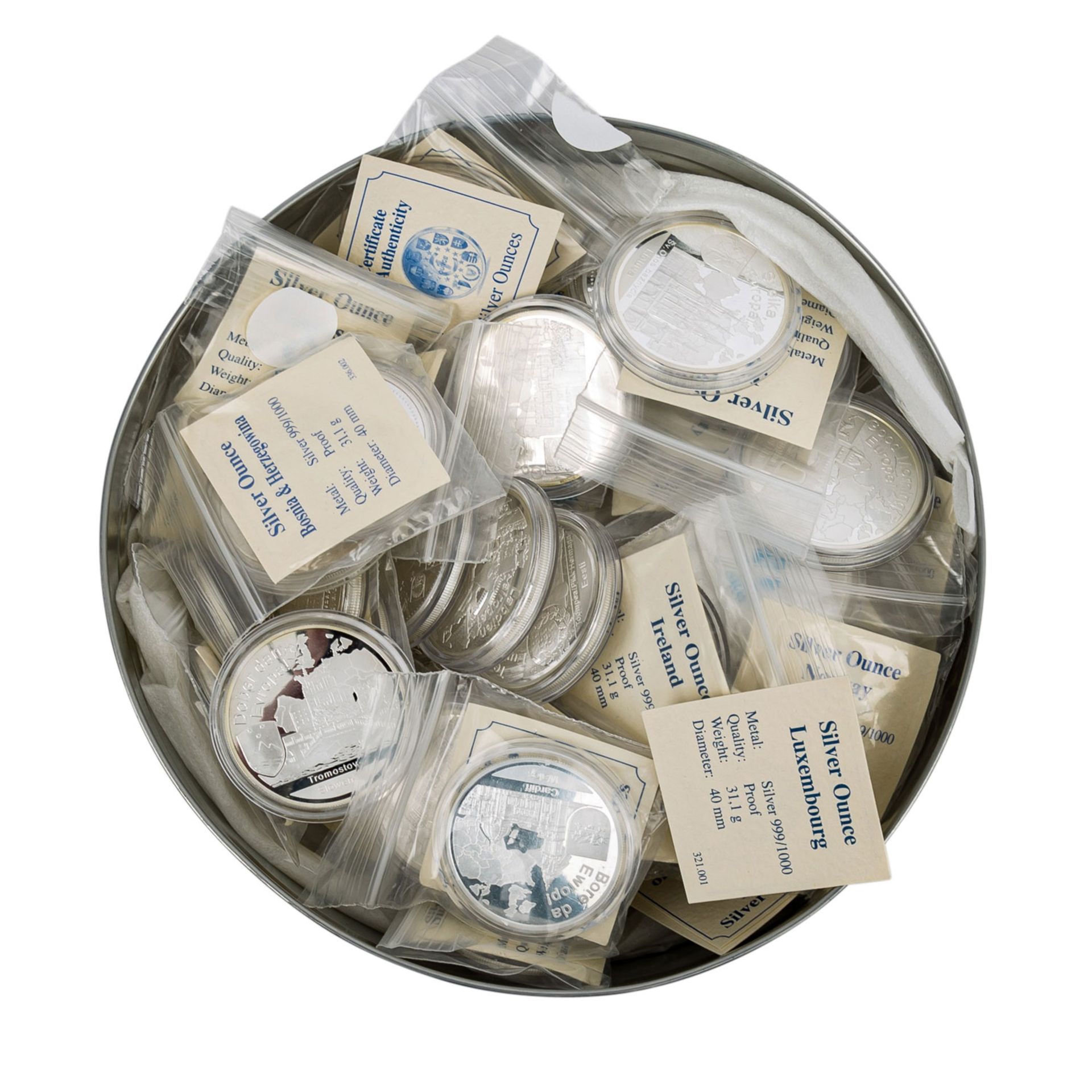 Karton mit Münzen und Medaillen, darin 11 x 1 oz. US Silver Eagle, 3 x 1 oz. Motivbar - Bild 9 aus 14