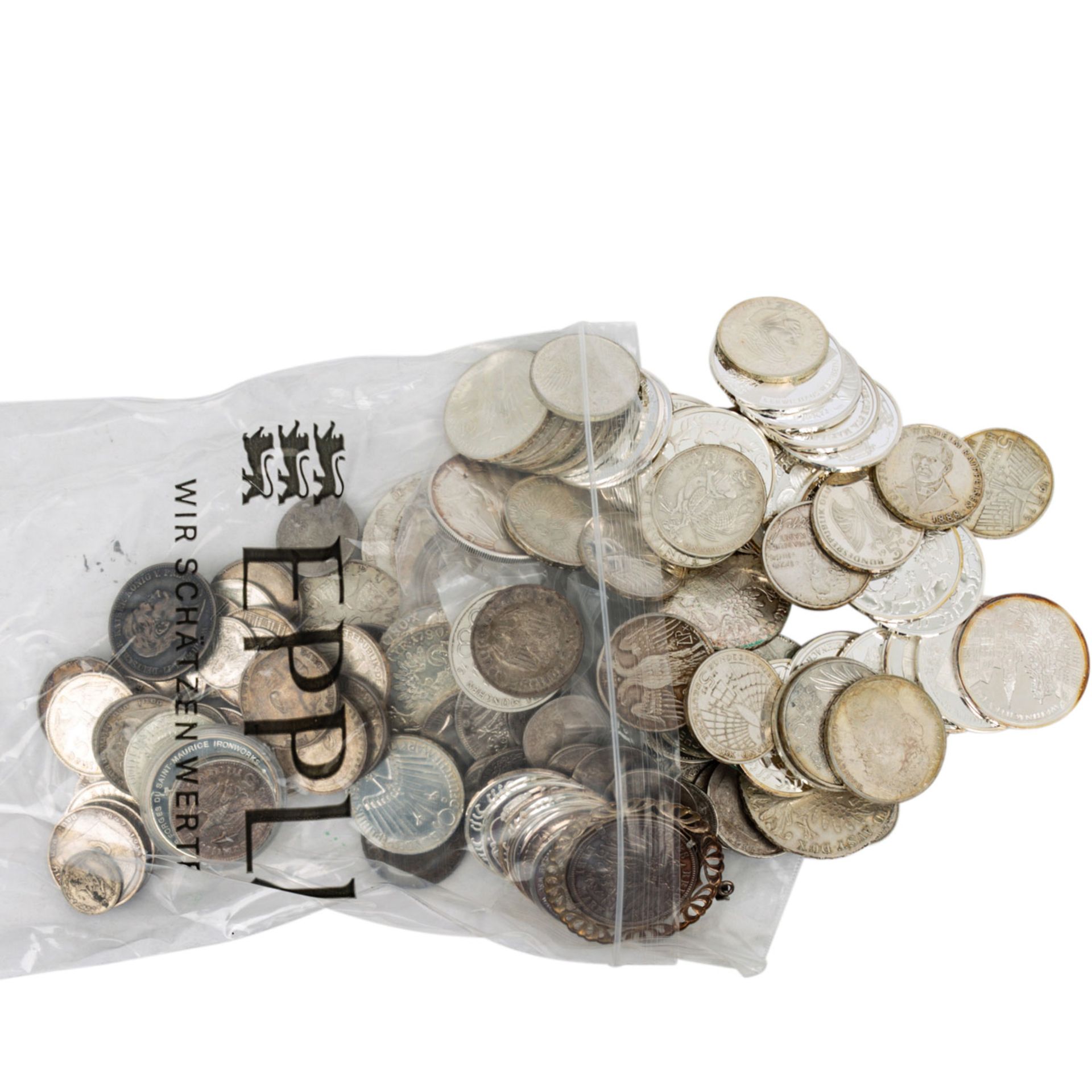 Karton mit Münzen und Medaillen, darin 11 x 1 oz. US Silver Eagle, 3 x 1 oz. Motivbar - Bild 5 aus 14