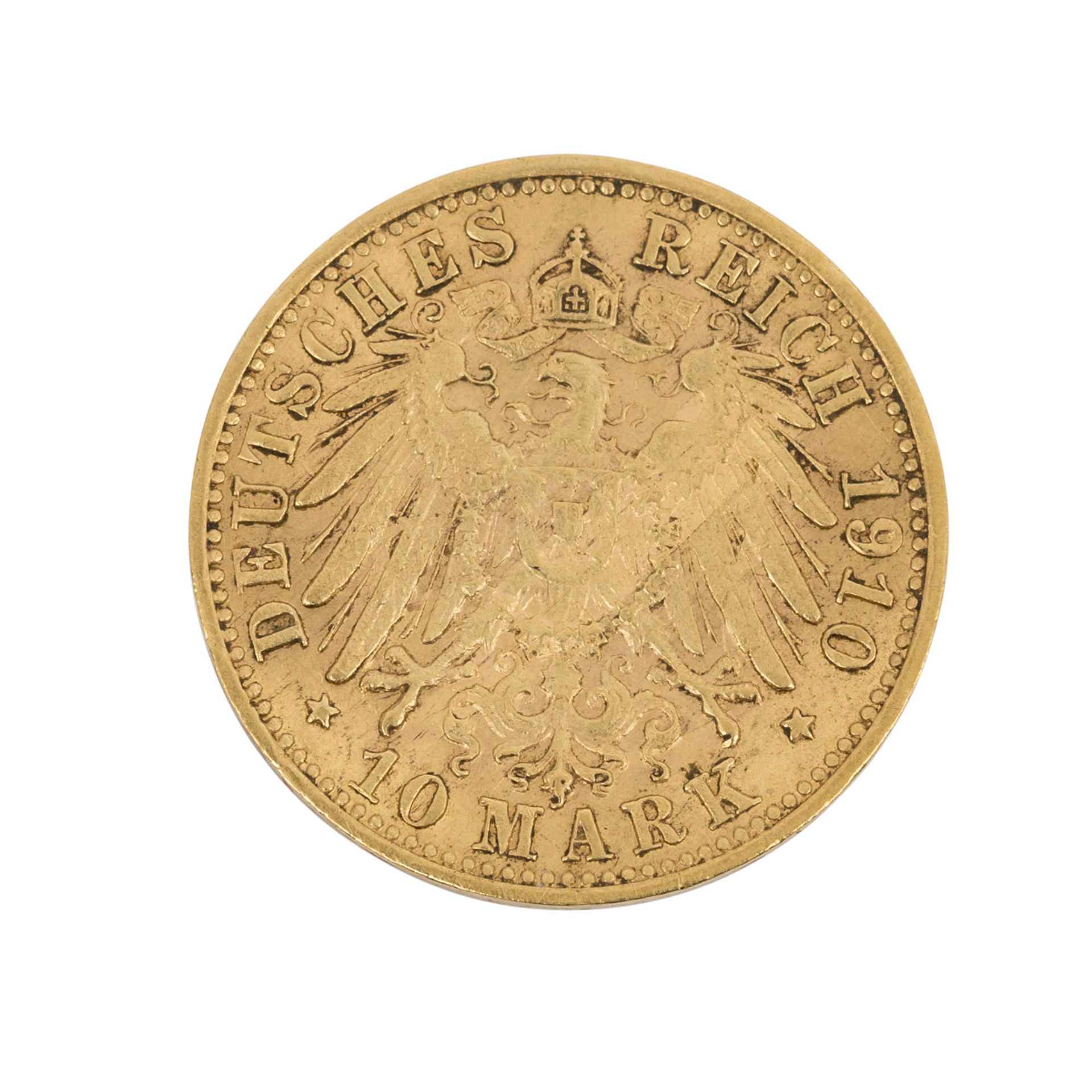 Württemberg/GOLD - 10 Mark 1910 F Wilhelm II., - Image 2 of 2